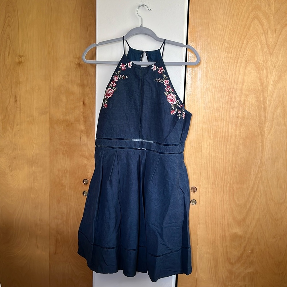 Denim open back mini dress